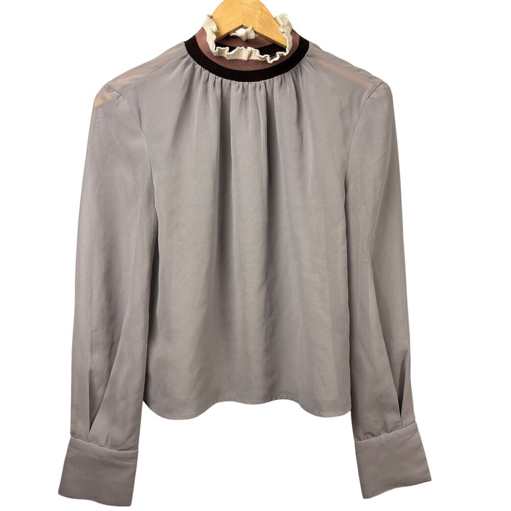 Kazo Ruffle High Neck Mock Ruffle Sheer Crop Long Sleeve Blouse Top Small Dainty